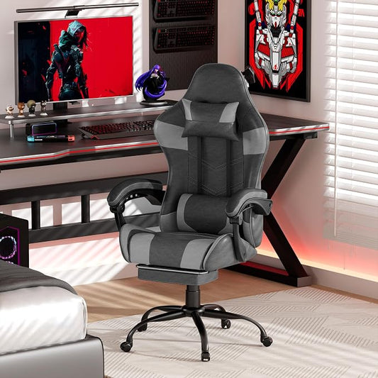Gaming Chair with Footrest, Ergonomic Video Game Chair with Headrest and Lumbar Support, 400 lbs Adult Chair, Height Adjustable 360° Swivel High Back Reclining Computer Chair for Home Office (Grey)
