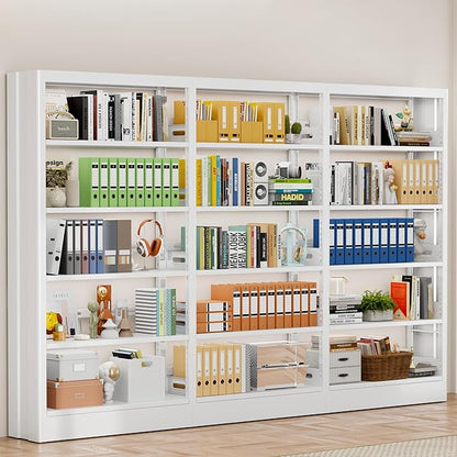 70.9" H Metal Bookshelf, Adjustable Bookcase, 5-Tier Heavy Duty Bookshelf with Bookend, Tall Bookshelves, Bookcase Shelf for Living Room, Office, Library,Classroom (White-108.3W)