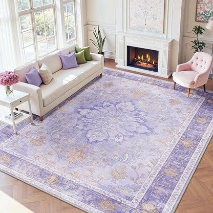 RELEANY Area Rugs Large 9'x12' Washable Non-Slip, Floral Vintage Distress Medallion Carpet for Living Room Bedroom Dining Room, Light Purple Brown