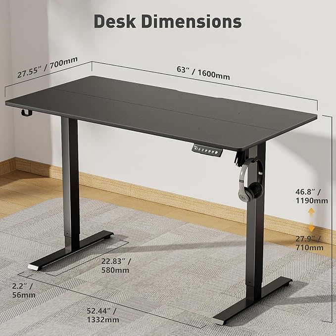 63x24 in Electric Standing Desk,Adjustable Height with Wheels,Black | Spliced Desktop,27.9"–46.8" Height Range,4 Memory Presets,Lockable Wheels,Headphone Hook,Sit Stand Desk,Home Office
