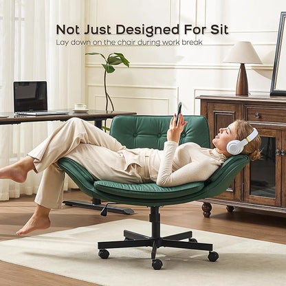 amseatec Criss Cross Office Chair, PU Leather Vanity Chair with 5-Level Adjustable Armrests & Swivel, Ergonomic Criss Cross Chair for Home Office Bedroom Makeup（Green）
