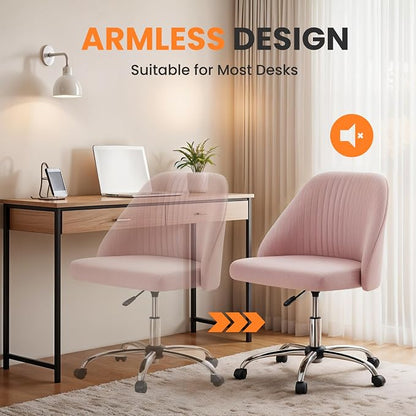 Simple Deluxe Armless Office Desk Chair, Modern Cute Swivel Vanity Chair Comfy Home Office Chairs with Wheels Height Adjustable Rolling Computer Task Stools for Living Room, Make-up, Bedroom, Pink