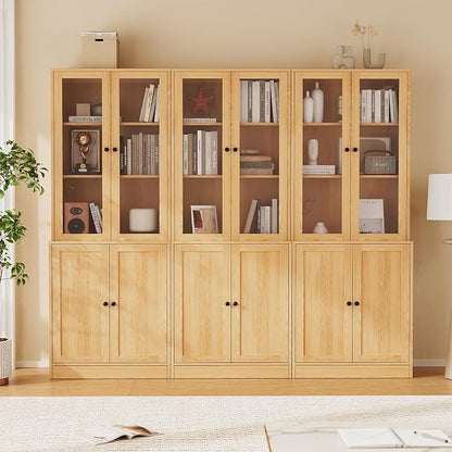 TUSY 71'' Bookshelf with Doors - 5 Tier Freestanding Tall Bookcase, Modern Storage Cabinet for Home Office, Curio Cabinets with Glass Door for Living Room, Bedroom (1, Wood)