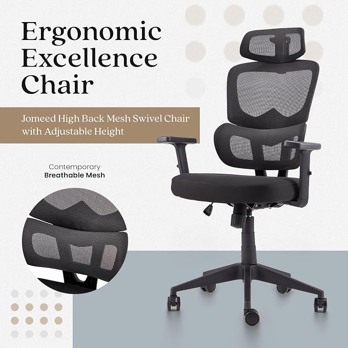JOMEED High Upholstered Back Mesh Swivel Chair Adjustable Height Arm Rest Rolling Seating with Lumbar and Head Support for Homes or Offices, Black