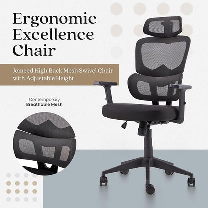 JOMEED High Upholstered Back Mesh Swivel Chair Adjustable Height Arm Rest Rolling Seating with Lumbar and Head Support for Homes or Offices, Black