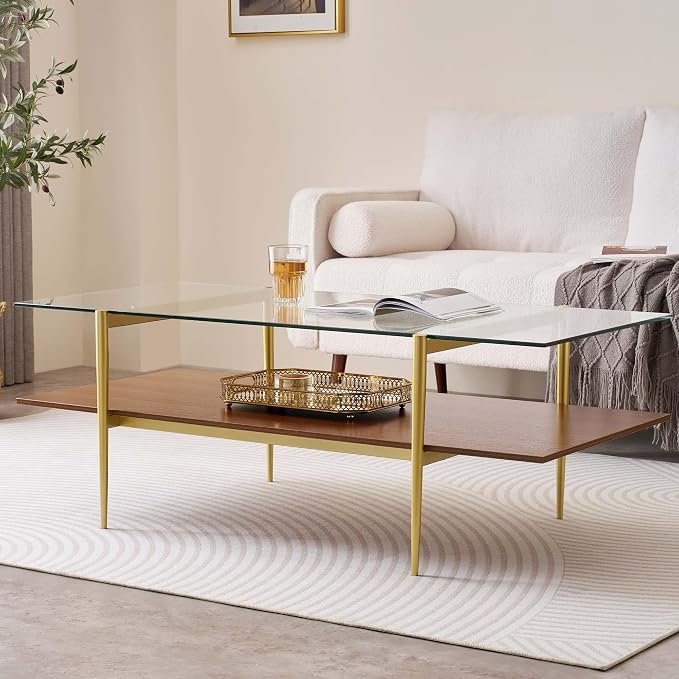 LumFurn X-Large Rectangle Glass Coffee Table, Mid-Century Modern Design for Living Room, L47xW24xH17 inch, 2-Tier Structure, Clear Glass Top and Walnut MDF Shelf, Conical Metal Legs with Gold Finish