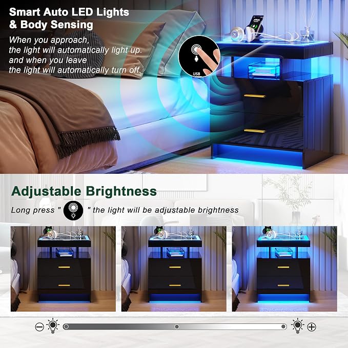 HNEBC LED Nightstand with Charging Station (USB,Type-C Ports) High Gloss Bedside Table with 2 Drawers, Smart Night Stand with Auto Sensor Lights,Modern Bed Side Table for Bedroom (Black)