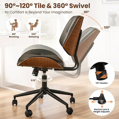 ovios Home Office Chair with Wheels, Modern PU Leather Swivel Computer Desk Chair, Mid Back Adjustable Height Armless Walnut Chairs for Office (Black Button)