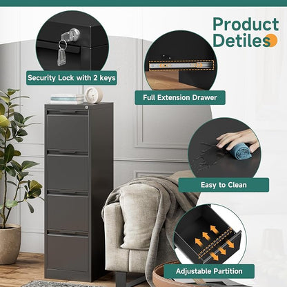 4 Drawer File Cabinet, Vertical Filing Cabinets for Home Office, 17.8" d Metal File Cabinets with Lock, Black Deep File Cabinets for Legal/Letter Size File, Easy Assembly