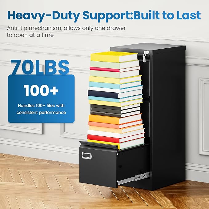PEUKC 3-Drawer File Cabinet, 16.3" Deep Vertical Filing Cabinet with Lock, Metal File Cabinet for Home Office, Anti-Tip 3 Storage Drawers for Letter/Legal/A4/F4 Size, Assembly Required, Black