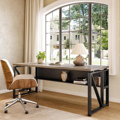LITTLE TREE 63-Inch Executive Office Desk, Large Computer Desk with Storage Shelf, Executive Desk with Metal Frame, Study Writing Desk Work Station for Home Office, Grey + Black