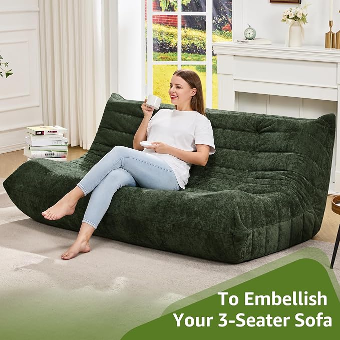 Hobestluk Giant Bean Bag Chair Faux Fur BeanBag Couch for Living Room | Green Chenille, 3-Seater,Ergonomic Design,Memory Foam,Anti-slip Bottom,No Assembly Required,Decorative Style for Living Room