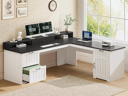 SEDETA 63" L Shaped Desk with Drawers, Farmhouse Office Desk with File Drawers, Wood Corner Computer Desk with Storage, Home Office Desk with Monitor Stand and Storage Cabinet, Black and White