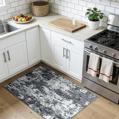 RELEANY Washable Area Rugs 3x4 Non-Slip Modern Abstract Soft for Living Room Entryway Bedroom Kitchen, Print Pattern, Black Navy Blue Gray
