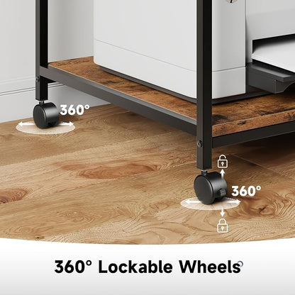 Under Desk Printer Stand, 22''W X 20''D X 22.4''H Mini Fridge Stand, Printer Shelf, Large Printer Table with Height Adjustable, 2 Tier 3D Printer Cart with Wheels for Home Office Storage, Rustic Brown