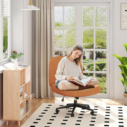 Shintenchi Criss Cross Chair,Cross Legged Office Seat with Wheels Armless Swivel Vanity Chair,Height Adjustable Wide Computer Task Seating for Home Office,PU Leather,Orange