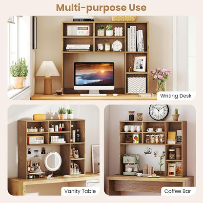 GOFLAME 7 Cubes Desktop Bookshelf, 37” Desk Organizer Shelf with 3 Adjustable Shelves, 3-Tier Wood Countertop Display Rack, Multipurpose Tabletop Desk Hutch for Dorm, Home Office, Natural