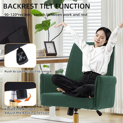 YITAI Stripes Velvet 360°Swivel Desk Chair, Modern Height Adjustable Home Office Armchair with Gold Base and Wheels for Vanity, Comfy Computer Chair for Study Living Room Bedroom（Green）