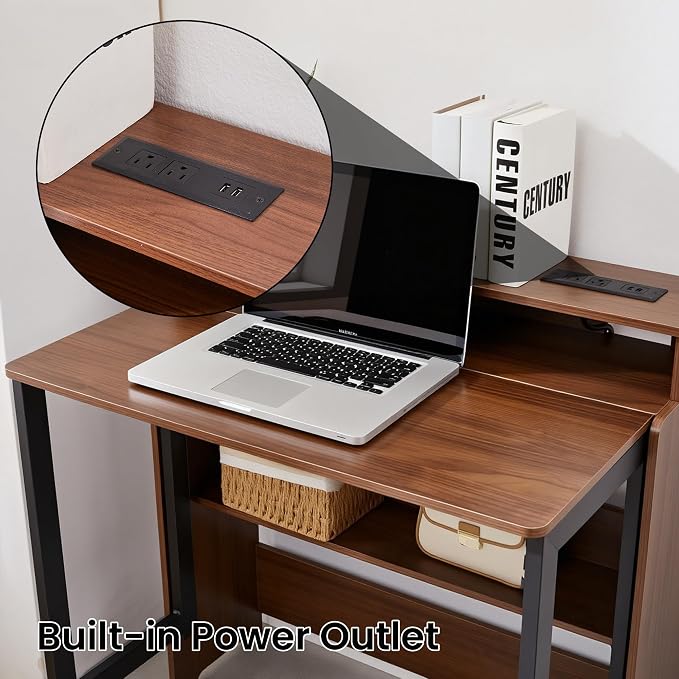 Fold Out Desk with Charging Station, Folding Desk with Monitor Stand,Storage Shelf,Small Foldable Desk for Compact Home Office Spaces
