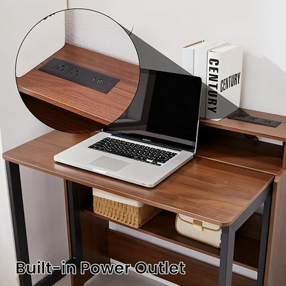 Fold Out Desk with Charging Station, Folding Desk with Monitor Stand,Storage Shelf,Small Foldable Desk for Compact Home Office Spaces