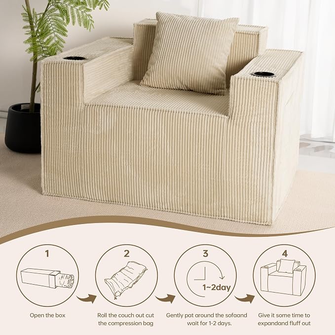 Cloud Single Sofa,Chaise Lounge Chair with Cup Holder & Side Pocket,Elevated Seat Height,No Assembly Required,Boneless Corduroy Chair for Small Space,Bedroom,Office (Khaki, Single Sofa)