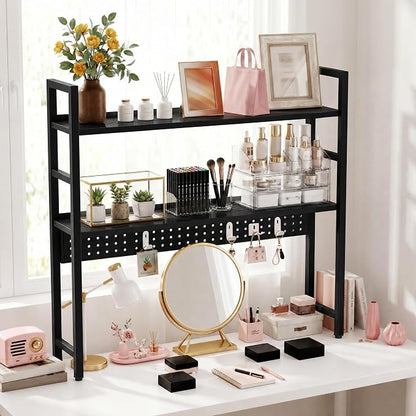Brakki 2-Tier Desk Shelf, Desk Hutch Bookshelf, Desktop Shelf Bookcase with Pegboard and Hooks for Computer Monitor, Metal Desktop Hutch Storage Organizer for Dorm Home Office, 30" W， Black