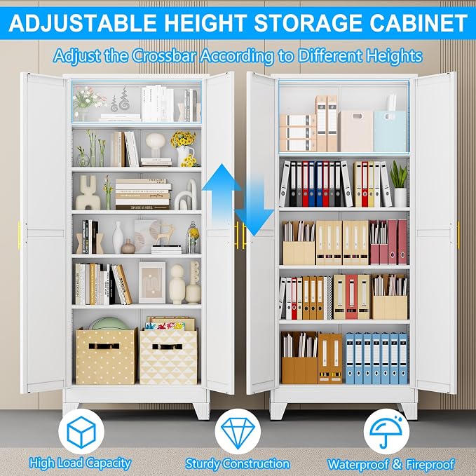 pozdeg 75" Tall Metal Storage Cabinet with 2 Doors & 5 Adjustable Shelves, Steel File Cabinet Multipurpose Organizer for Home Office Garage (White)