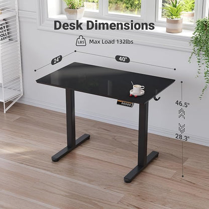 Claiks Glass Standing Desk, 40x24 Inch Small Stand Up Desk Electric Adjustable Height Quick Install Computer Desk for Home Office, Super Black