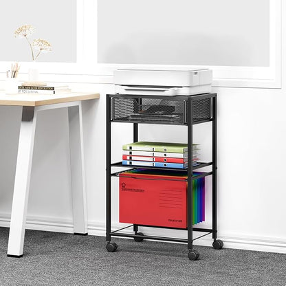 Cawukege 3 Tier Printer Stand, Mobile Table with Wheels, Printer Shelf Rolling Cart with Storage Desk Organizer Hanging File for Office Home, Black