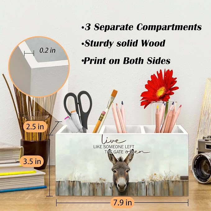 Donkey Gifts Pen Holder for Desk, Rustic Donkey Decor Pencil Organizer, Live Like Someone Left The Gate Open Farm Animal Wooden Pen Holder Desk Accessories Decor for Home Office