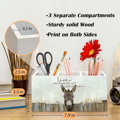 Donkey Gifts Pen Holder for Desk, Rustic Donkey Decor Pencil Organizer, Live Like Someone Left The Gate Open Farm Animal Wooden Pen Holder Desk Accessories Decor for Home Office