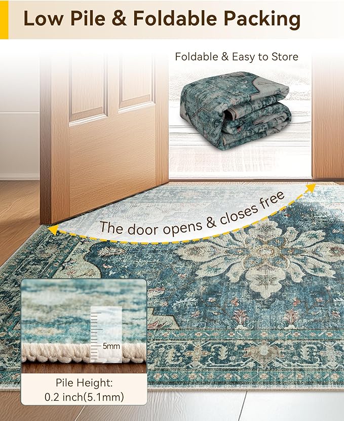 RELEANY Area Rugs Runner 2'6"x12' Washable Non-Slip, Floral Vintage Distress Medallion Carpet for Kitchen Hallway Bedroom Beside Laundry Room Bathroom, Dark Blue Vintage