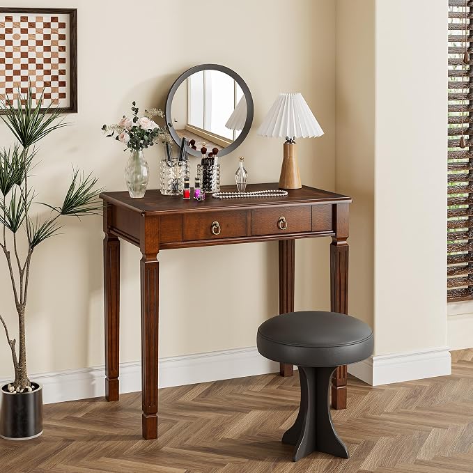 Cherry Walnut Writing Desks with Drawers, 31.5" Mid-Century Modern Computer Desk for Home Office, Secretary Desk for Living Room Study or Workspace, Easy Assembly Vanity Desk, SSZD1258