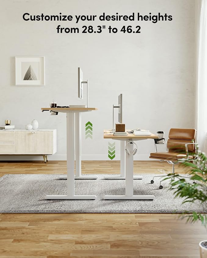 FEZIBO Standing Desk, 44 × 22 Inches Electric Height Adjustable, Sit and Stand Up, Computer Office Desk with Splice Board, White Frame/Light Rustic Top