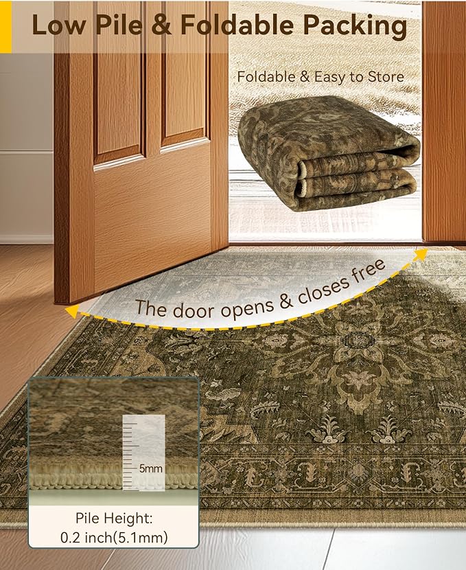 RELEANY Area Rugs 5'x8' Washable Non-Slip, Floral Vintage Distress Medallion Carpet for Living Room Bedroom Dining Room, Brown Dark Brown