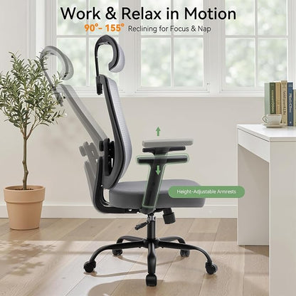 Ergonomic Office Chair, Office Desk Chair with High Back Mesh and Adjustable Lumbar Support, Rolling Work Chairs with Wheels and Adjustable Headrests, Wide Cushion, Set of 4, Grey