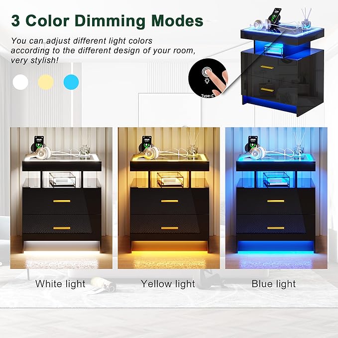HNEBC LED Nightstand with Charging Station (USB,Type-C Ports) High Gloss Bedside Table with 2 Drawers, Smart Night Stand with Auto Sensor Lights,Modern Bed Side Table for Bedroom (Black)