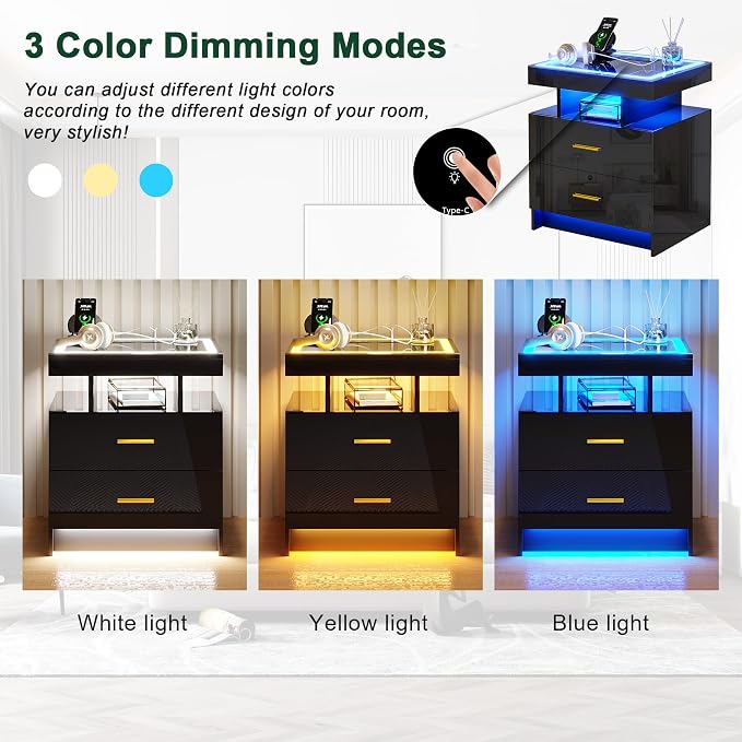 HNEBC Auto LED Nightstand Set of 2, Smart Night Stand with Charging Station & USB Ports, High Gloss Bedside Table has 2 Drawers,Modern End Side Table for Bedroom (Black)