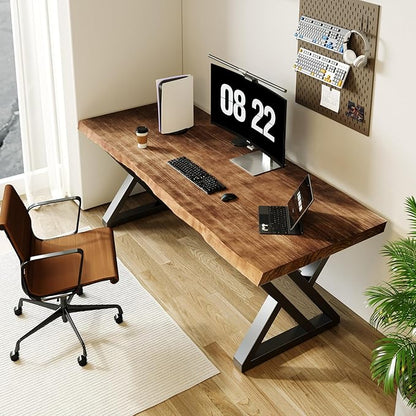 Sihtengxxhongs Solid Wood Desk 55 Inch, Rustic Home Office Computer Desk with Heavy Duty Metal Legs, Large Executive Writing Study Desk, Real Wood Workstation for Home, Office, Dining Room