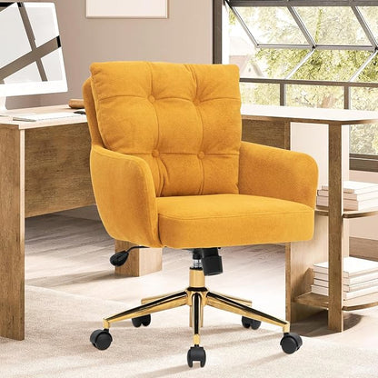 Flannel Office Chair, Comfy Home Office Desk Chairs with Lumbar Support, Modern Velvet Desk Chair Gold Legs Small Swivel Task Chair for Home Office, Bedroom, Study (Yellow, XL)