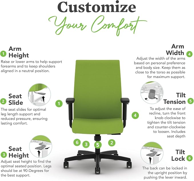 HON Ignition 2.0 Ergonomic Office Chair with Adjustable Arms, Standard Synchro‑Tilt Recline, Upholstered Desk and Computer Chair for Home Office or Workstation, Black Frame, Pear