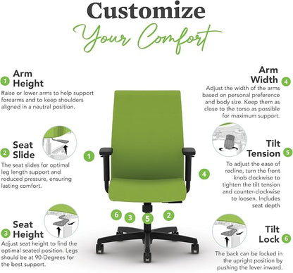 HON Ignition 2.0 Ergonomic Office Chair with Adjustable Arms, Standard Synchro‑Tilt Recline, Upholstered Desk and Computer Chair for Home Office or Workstation, Black Frame, Pear