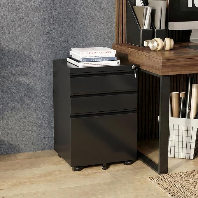 Bonusall 【Fully Assembled】 3 Drawer File Cabinet with Lock, Small Under Desk Filing Cabinet for Home Office, Fully Assembled Metal Rolling Storage Fits A4/Letter/Legal, Black