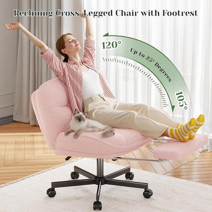 DurayLoly Criss Cross Office Chair with Footrest, 6.3" Thick Cushioned Cross Legged Office Chair with Wheels, Reclining & Height Adjustable, Swivel Armless Vanity Chair for All-Day Comfort (Pink)