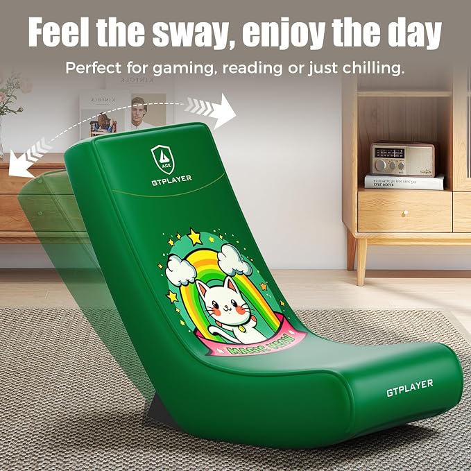 GTPLAYER Gaming Floor Rocking Chair – Rocker Floor Game Chair with Angle Limiter, Stylish Patterned Design, Comfortable Video Game Seat, Green Cat Pattern