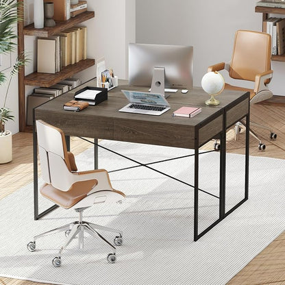 GOFLAME 44 Inch Computer Desk with 2 Drawers, Home Office Desk with Metal Frame, Small Study Writing Workstation with Storage, PC Laptop Table for Living Room, Bedroom, Study, Grey