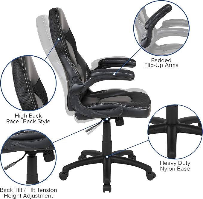 Flash Furniture X10 High-Back LeatherSoft Racing Style Gaming Chair with Flip-Up Arms, Ergonomic Padded Swivel Computer Chair, Black
