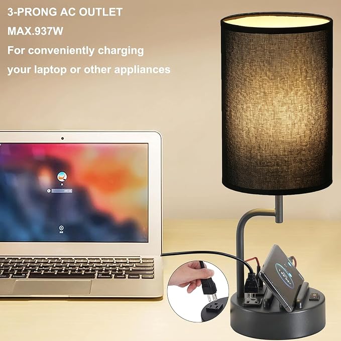 Dreamholder Table Lamp with 3 USB Charging Ports, Modern Desk Lamp with AC Outlet and Phone Stands, Perfect Bedside Lamp for Bedroom, Living Room, Office (Pack of 2), Black