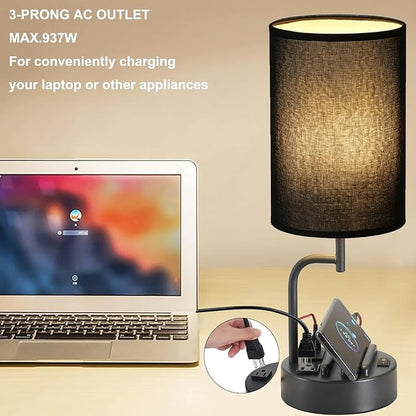 Dreamholder Table Lamp with 3 USB Charging Ports, Modern Desk Lamp with AC Outlet and Phone Stands, Perfect Bedside Lamp for Bedroom, Living Room, Office (Pack of 2), Black