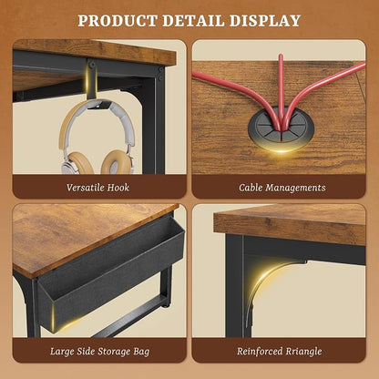 DurayLoly 55 x 24 inch Desk, 24mm Thick Heavy Duty Computer Desk with RGB LED & Power Outlets, Gaming Desk with Detachable Stand, 150LBS Load Capacity, Work Gaming Desk for Home Office, Brown